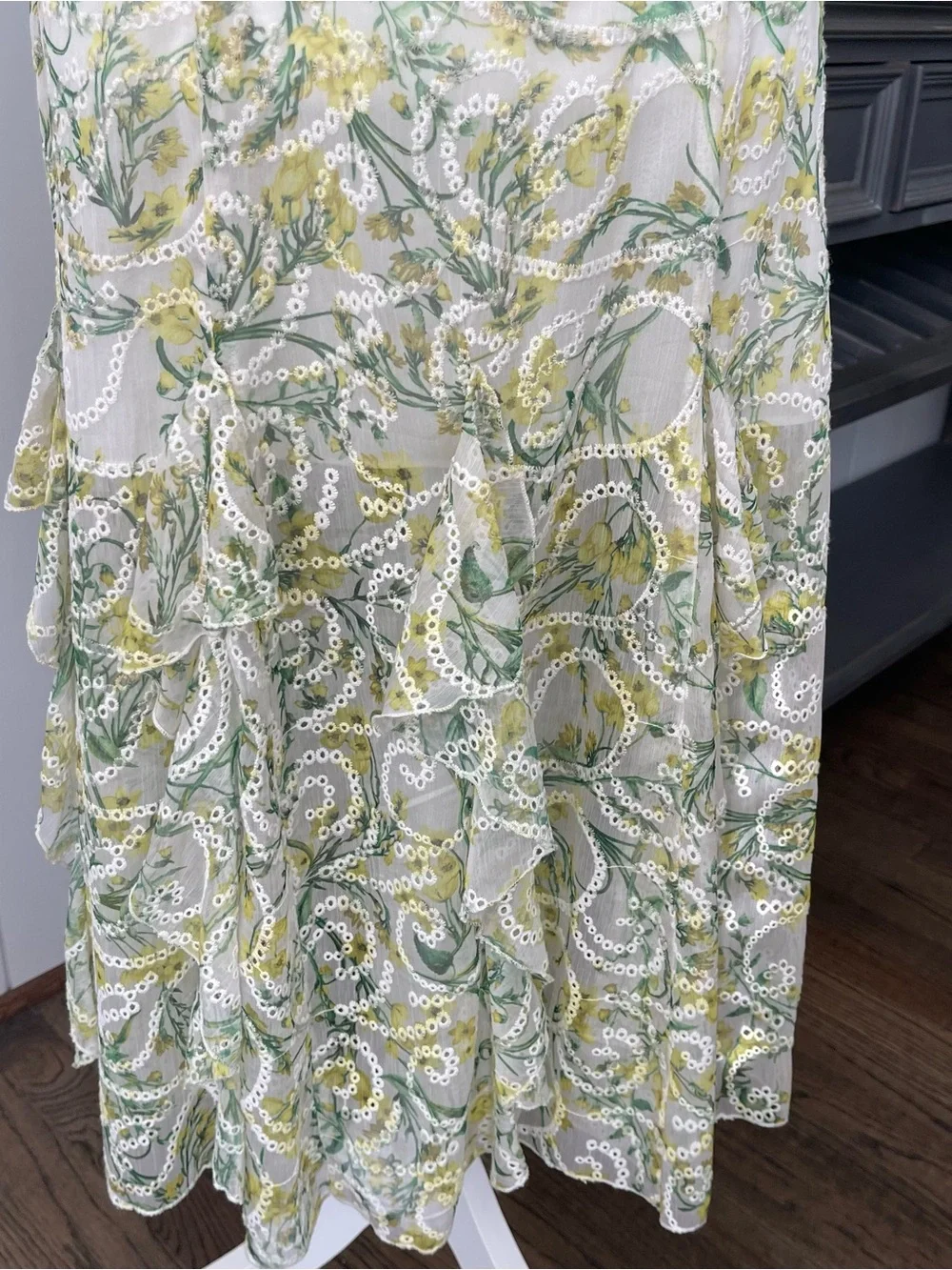 Alice + Olivia Yellow & Green Floral Tiered Lace Maxi Skirt - Picture 3 of 9